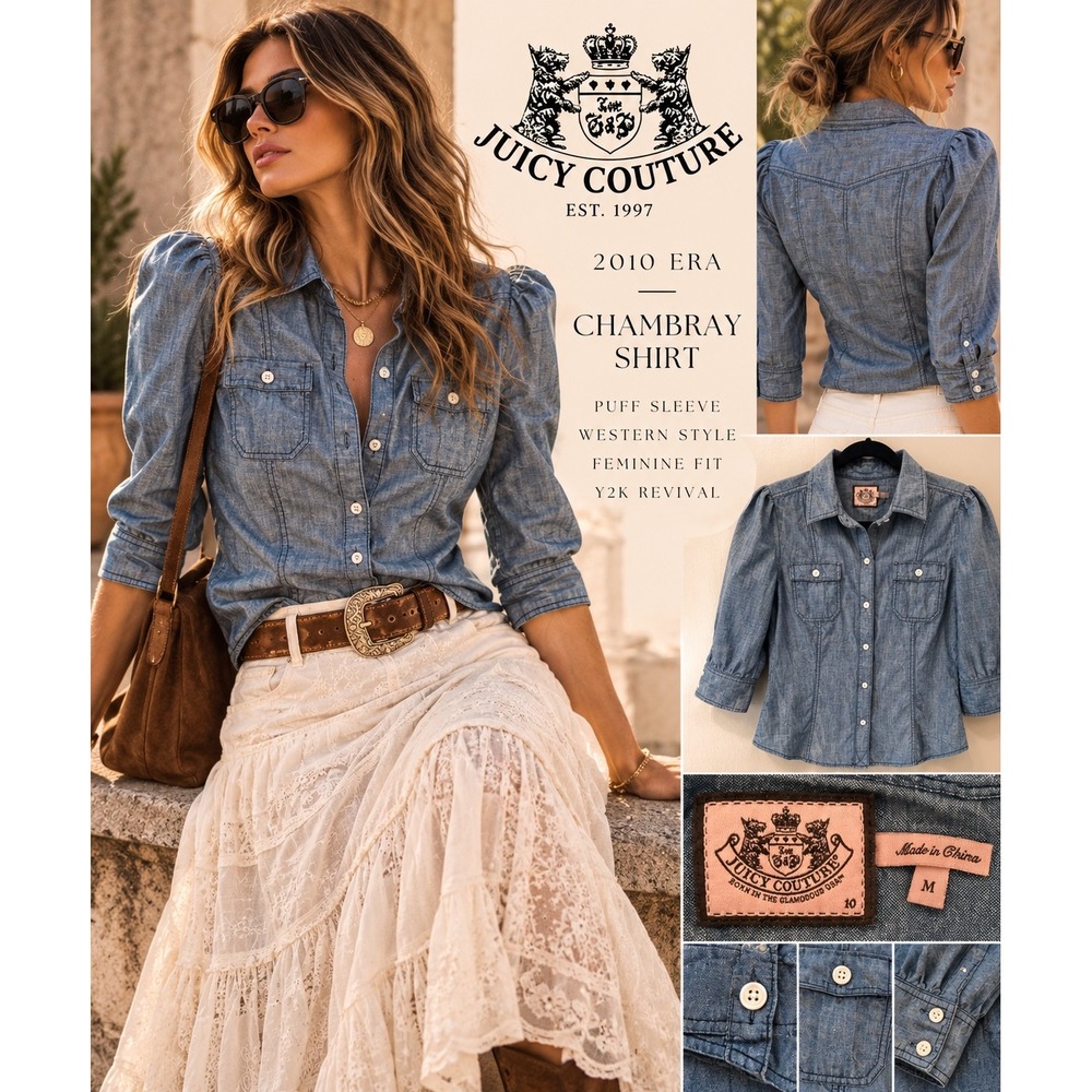 Juicy Couture 2010 Chambray Shirt Puff Sleeve Western Y2K Denim Top M